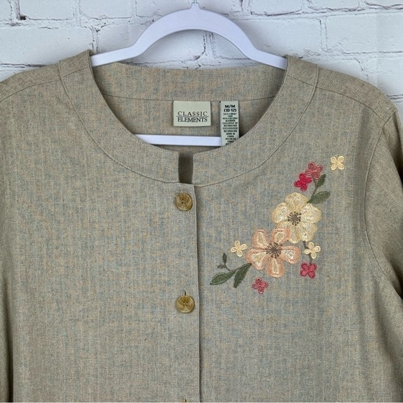 Classic Elements Beige Button Up Floral Embroidered Linen Blend Jacket Medium - Picture 2 of 8